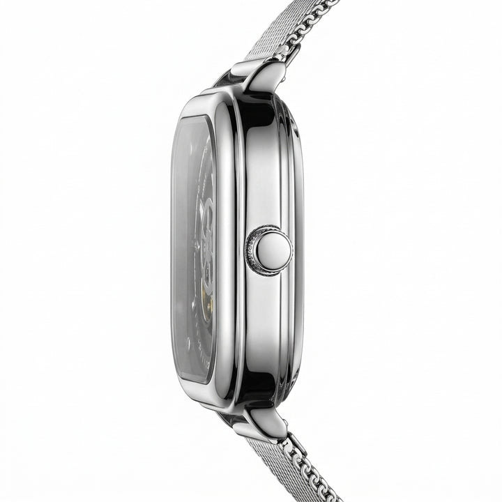 Silver watch with mesh band on a white background