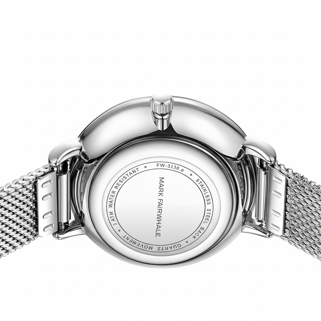 Silver watch with mesh band on a white background