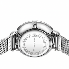 Silver watch with mesh band on a white background
