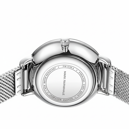 Silver watch with mesh band on a white background