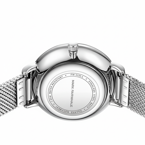 Silver watch with mesh band on a white background