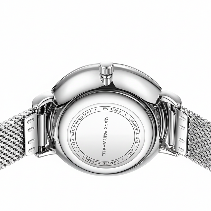 Silver watch with mesh band on a white background