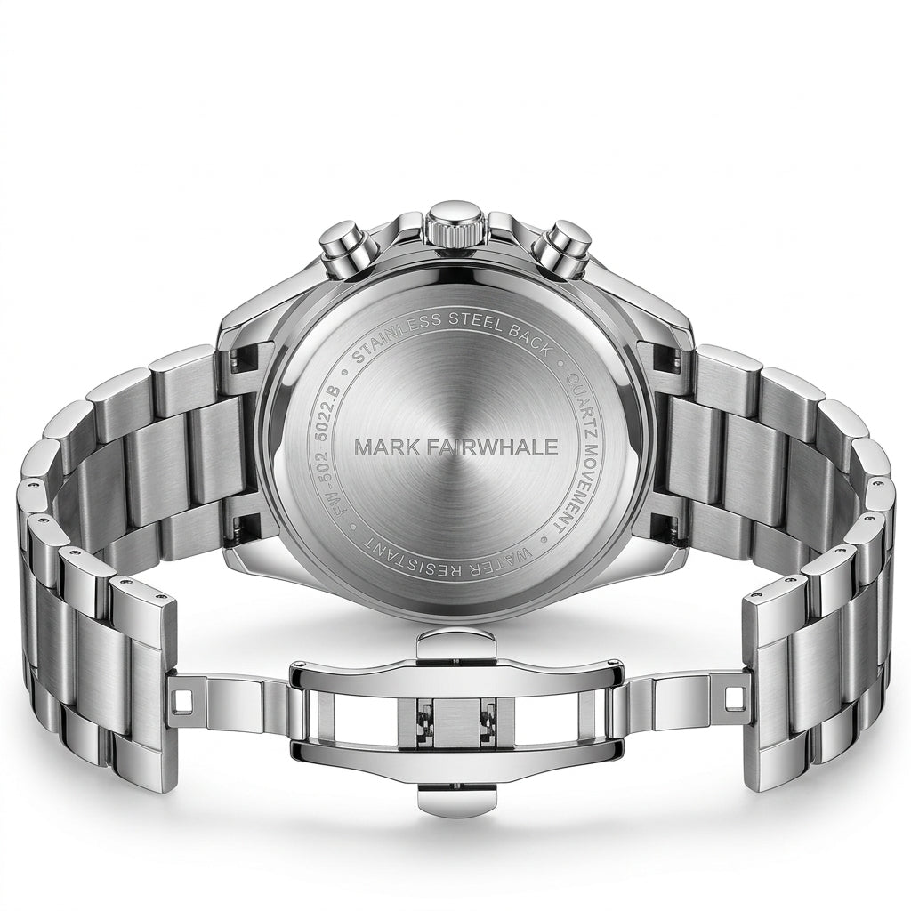 Silver watch with metal bracelet on a white background