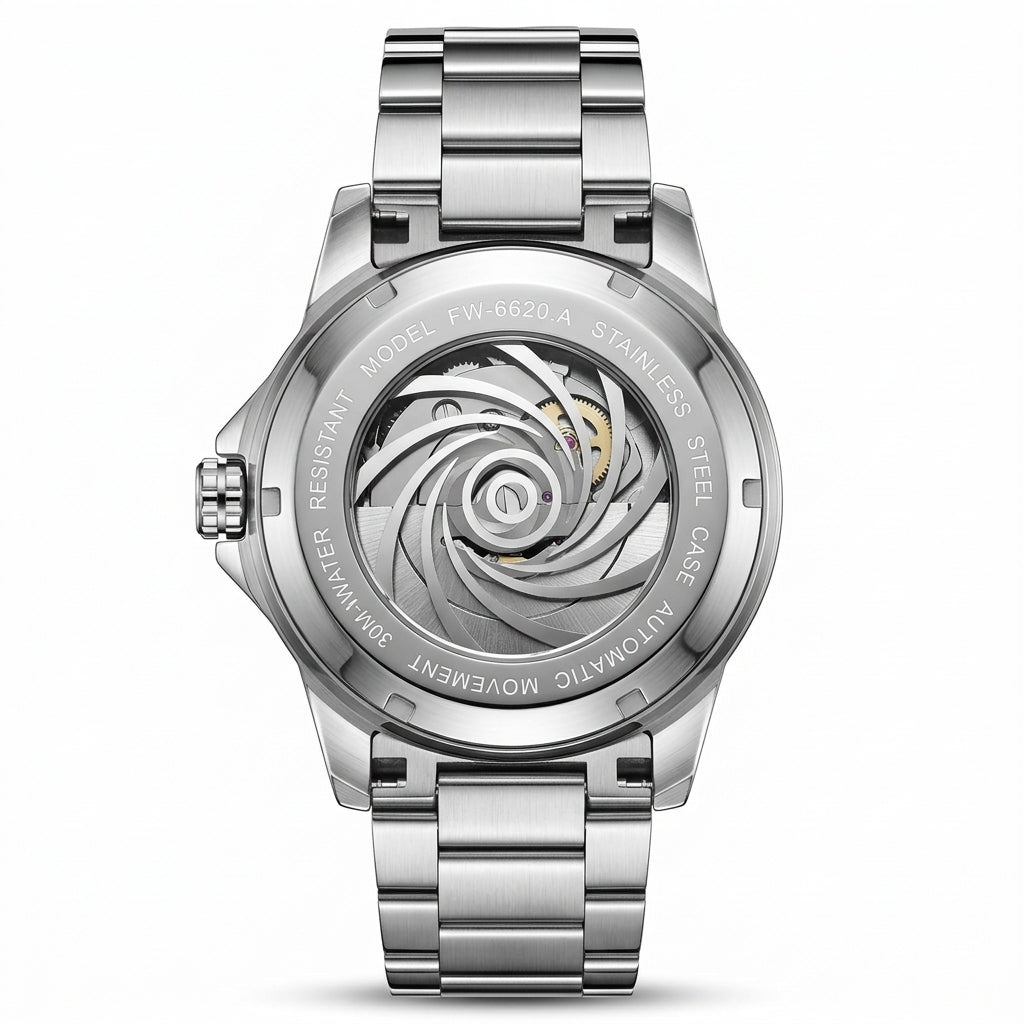 Silver watch with open face design on a white background
