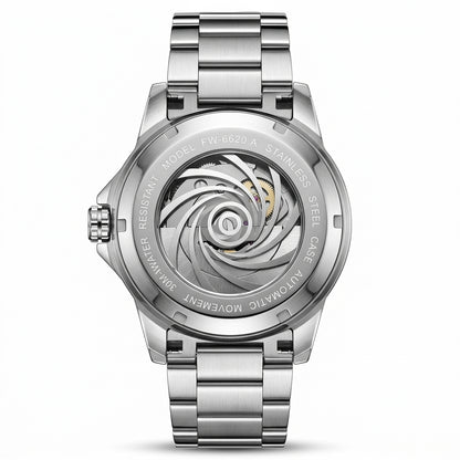Silver watch with open face design on a white background