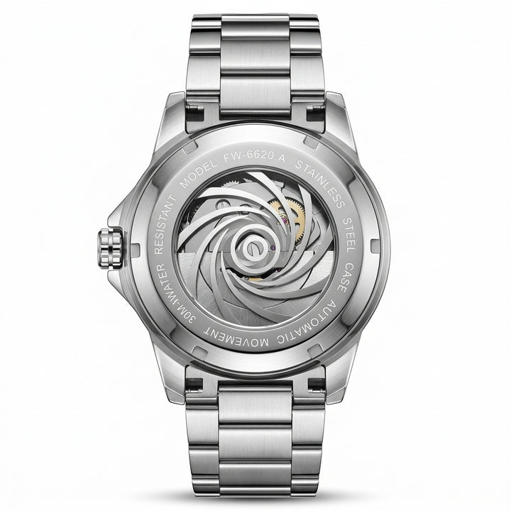 Silver watch with open face design on a white background