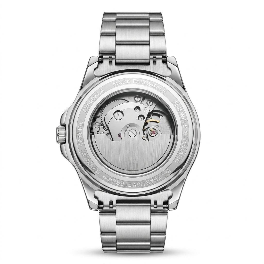 Silver watch with open face design on a white background
