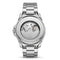 Silver watch with open face design on a white background