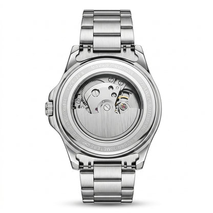 Silver watch with open face design on a white background