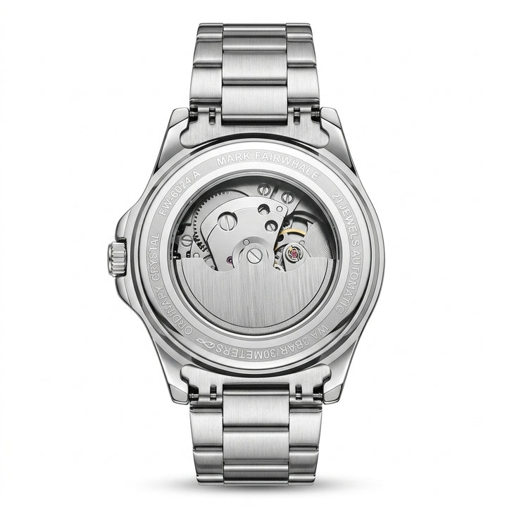 Silver watch with open face design on a white background