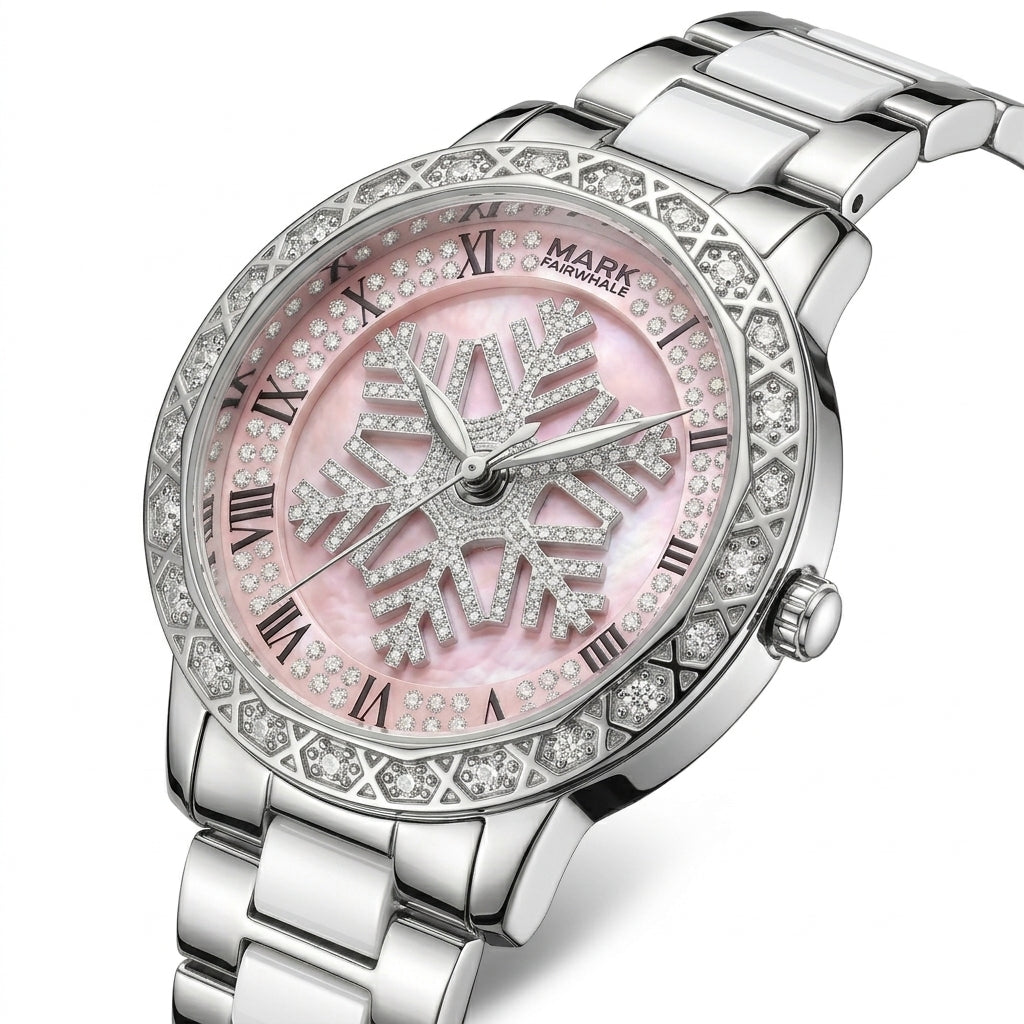 Silver watch with pink face and snowflake design on a white background