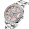 Silver watch with pink face and snowflake design on a white background