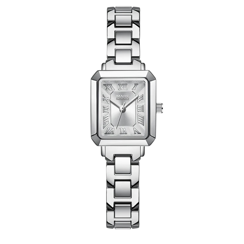 Silver watch with rectangular face and chain strap on white background