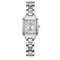 Silver watch with rectangular face and chain strap on white background