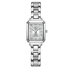 Silver watch with rectangular face and chain strap on white background