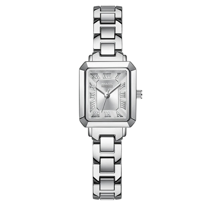Silver watch with rectangular face and chain strap on white background