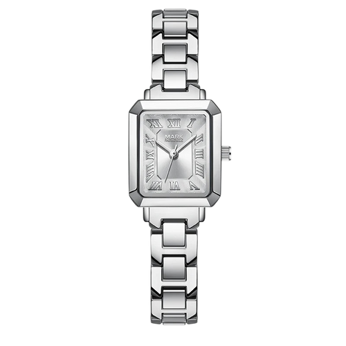 Silver watch with rectangular face and chain strap on white background