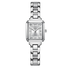 Silver watch with rectangular face and chain strap on white background