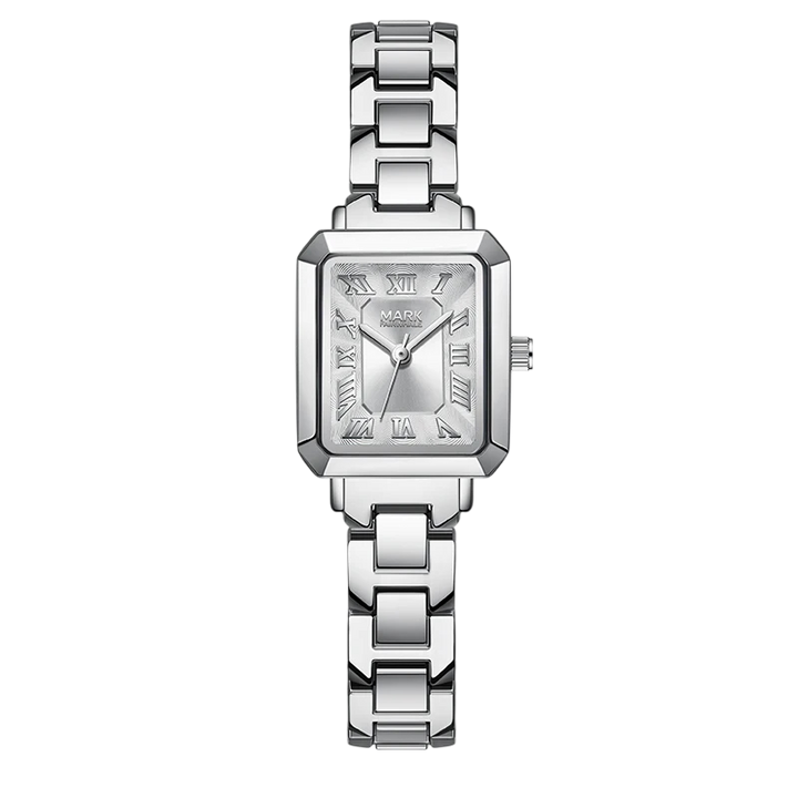 Silver watch with rectangular face and chain strap on white background