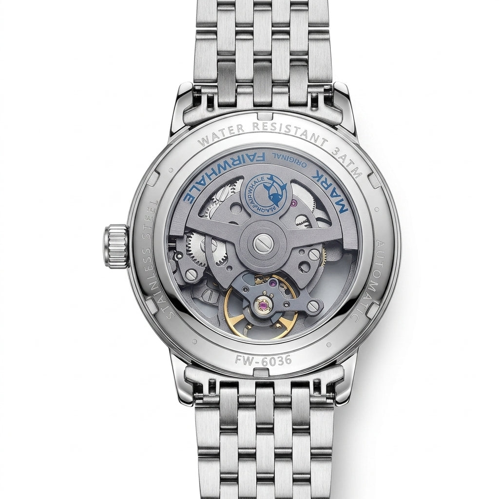 Silver watch with visible mechanics on a white background.