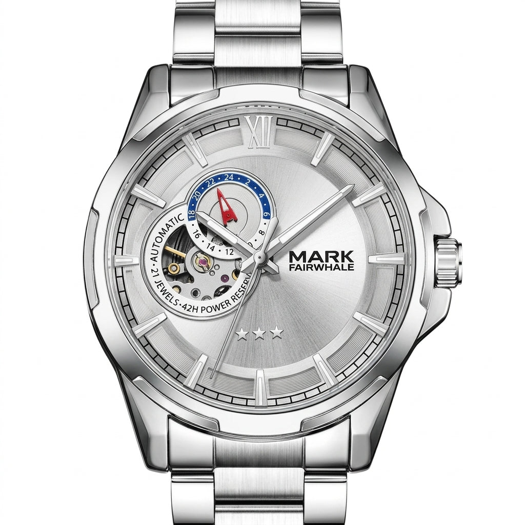 Silver watch with visible brand name on a white background