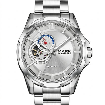 Silver watch with visible brand name on a white background