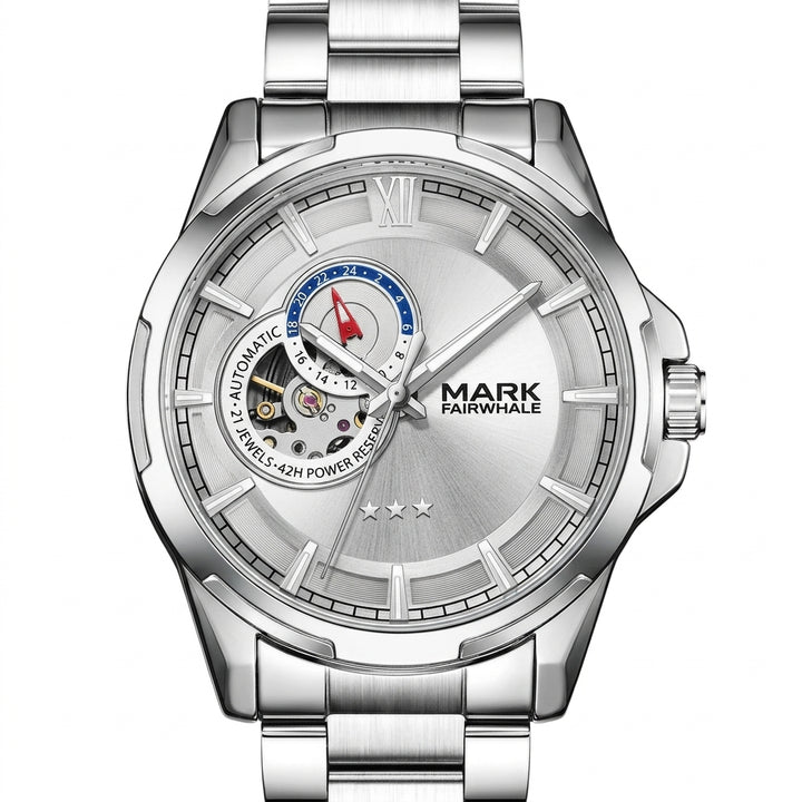 Silver watch with visible brand name on a white background