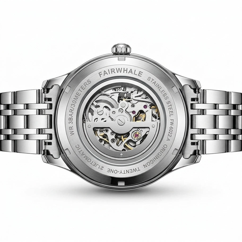 Silver watch with visible brand name on a white background