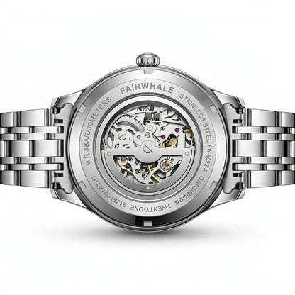Silver watch with visible brand name on a white background
