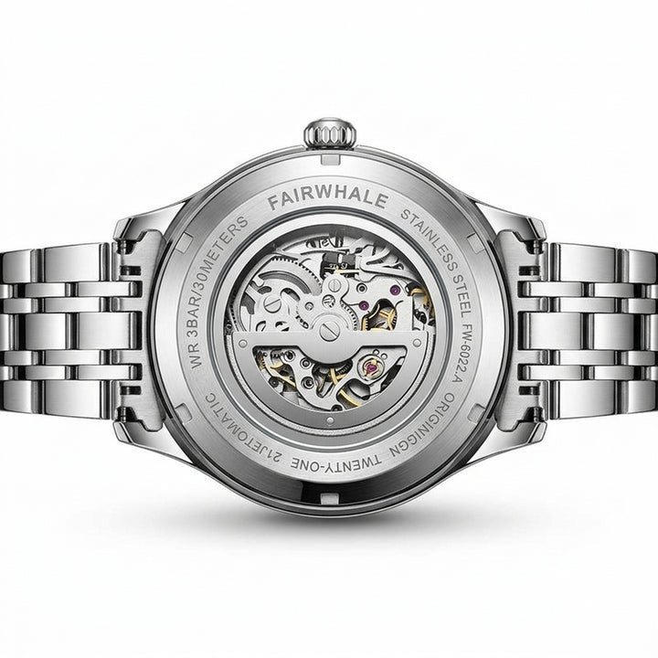 Silver watch with visible brand name on a white background