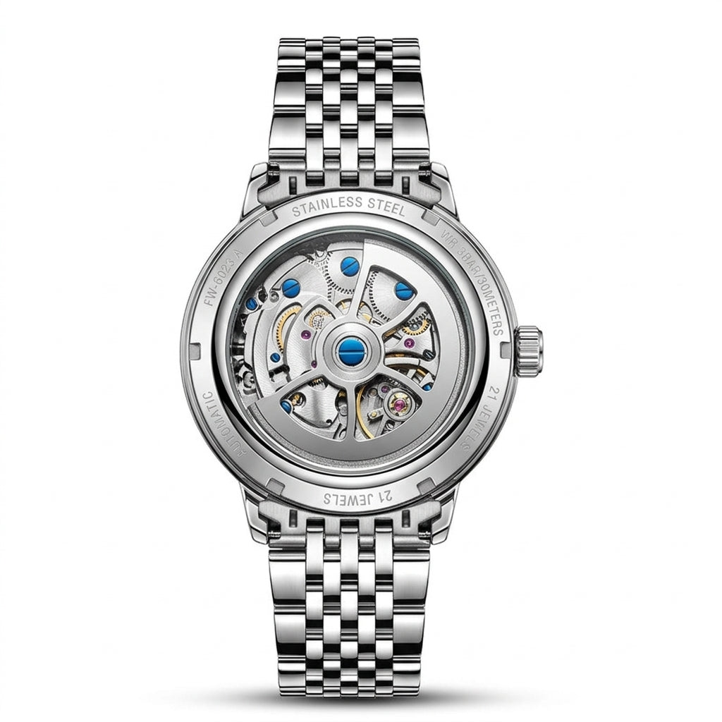 Silver watch with visible mechanical components on a white background