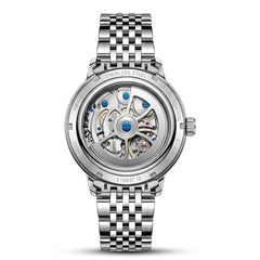 Silver watch with visible mechanical components on a white background