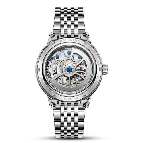 Silver watch with visible mechanical components on a white background