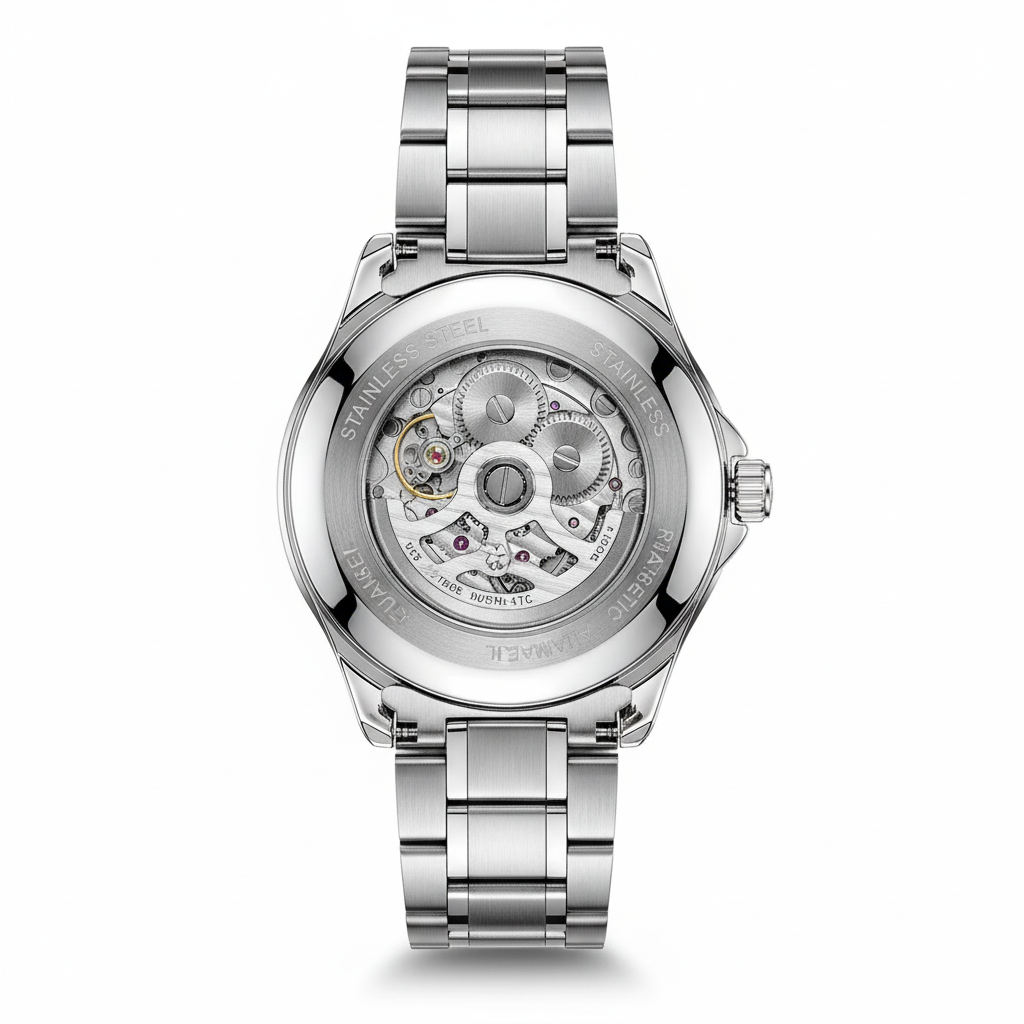 Silver watch with visible mechanical components on a white background