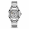 Silver watch with visible mechanical components on a white background