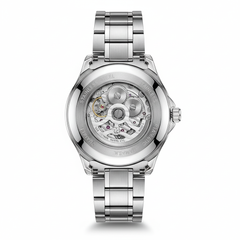 Silver watch with visible mechanical components on a white background