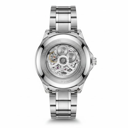 Silver watch with visible mechanical components on a white background
