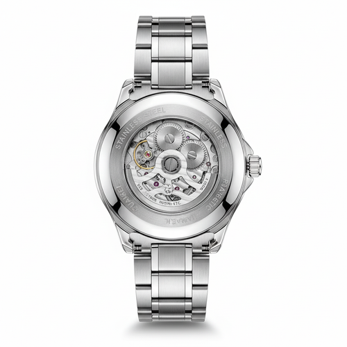Silver watch with visible mechanical components on a white background