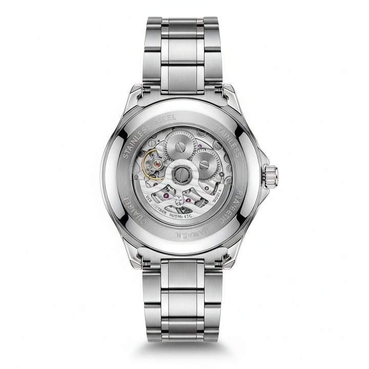 Silver watch with visible mechanical components on a white background