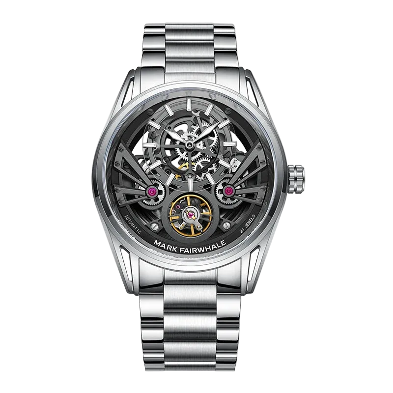 Silver watch with visible mechanical components on a white background