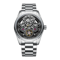 Silver watch with visible mechanical components on a white background