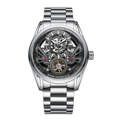 Silver watch with visible mechanical components on a white background