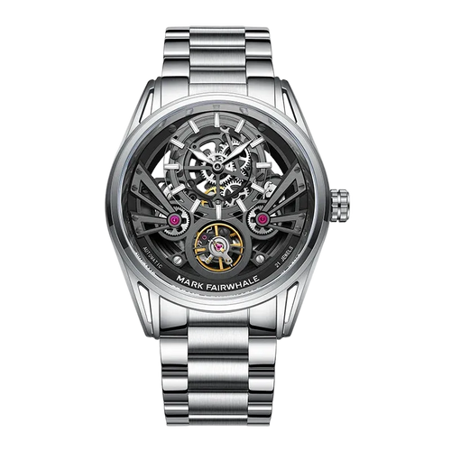 Silver watch with visible mechanical components on a white background