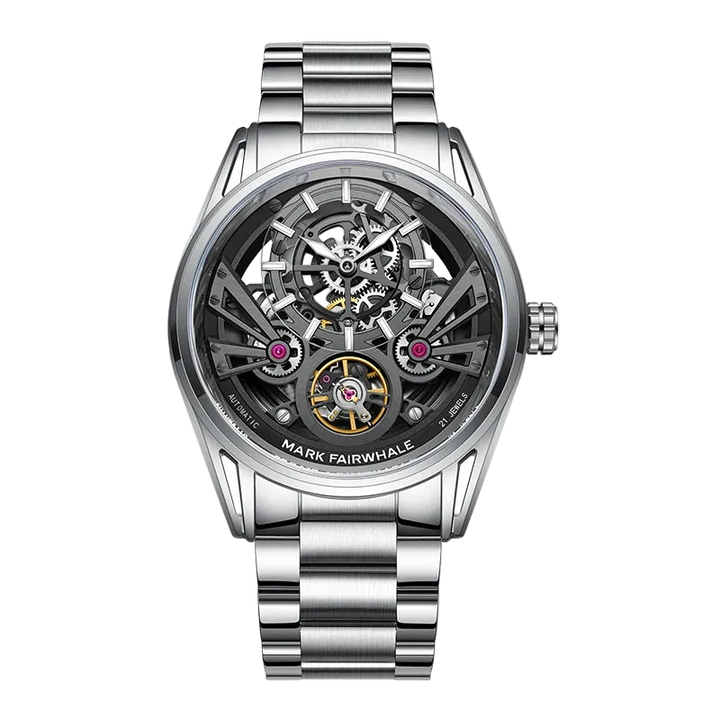 Silver watch with visible mechanical components on a white background