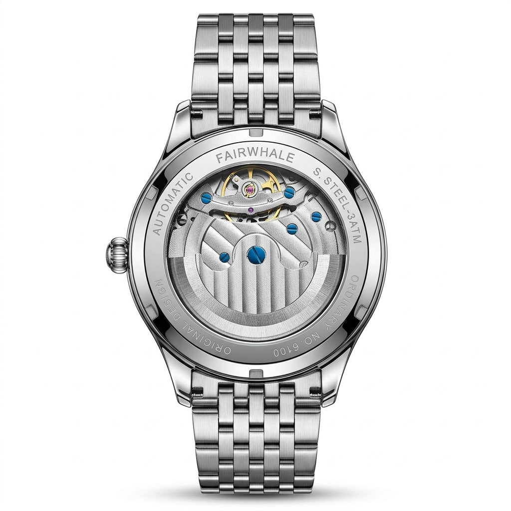 Silver watch with visible mechanism on a white background