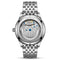 Silver watch with visible mechanism on a white background