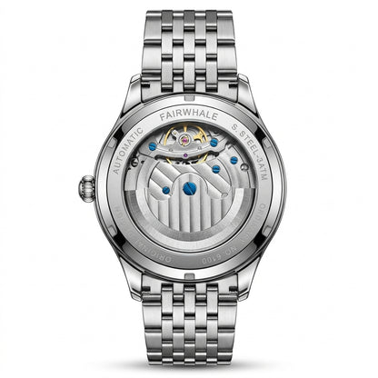 Silver watch with visible mechanism on a white background