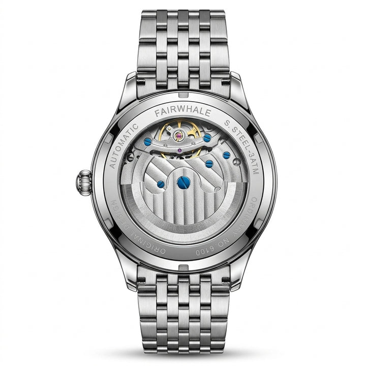 Silver watch with visible mechanism on a white background
