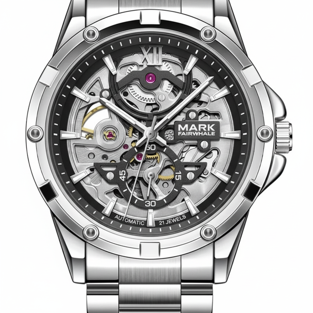Silver watch with visible mechanism on a white background