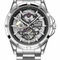 Silver watch with visible mechanism on a white background